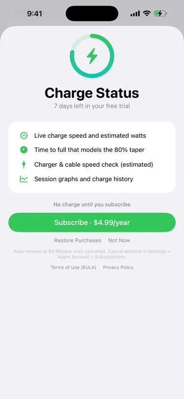 Subscribe sheet in light appearance showing 7 days left in the free trial, four feature bullets, the line No charge until you subscribe, a Subscribe $4.99/year button, Restore Purchases and Not Now, and Terms of Use and Privacy Policy links.
