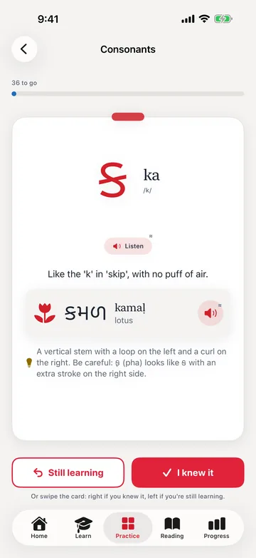 Consonant flashcard on iPhone for ક (ka) with a Listen button, a hint that it sounds like the k in skip with no puff of air, the example word કમળ (kamaḷ, lotus), a look-alike tip, and Still learning and I knew it buttons.