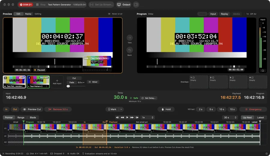 Hindsight Replay 0.3.5 in Edit mode. A 3.0 second In/Out range is marked on the timeline with a Remove 3.0 s button, the delay reads 30.0 s Safe, and two test-pattern inputs sit in the switcher.