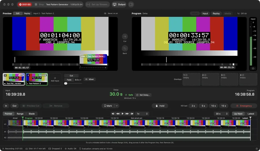 Hindsight Replay 0.3.5 recording two test patterns. The Program monitor runs 30.0 seconds behind the input, and the timeline is split into Aired and Not aired yet.