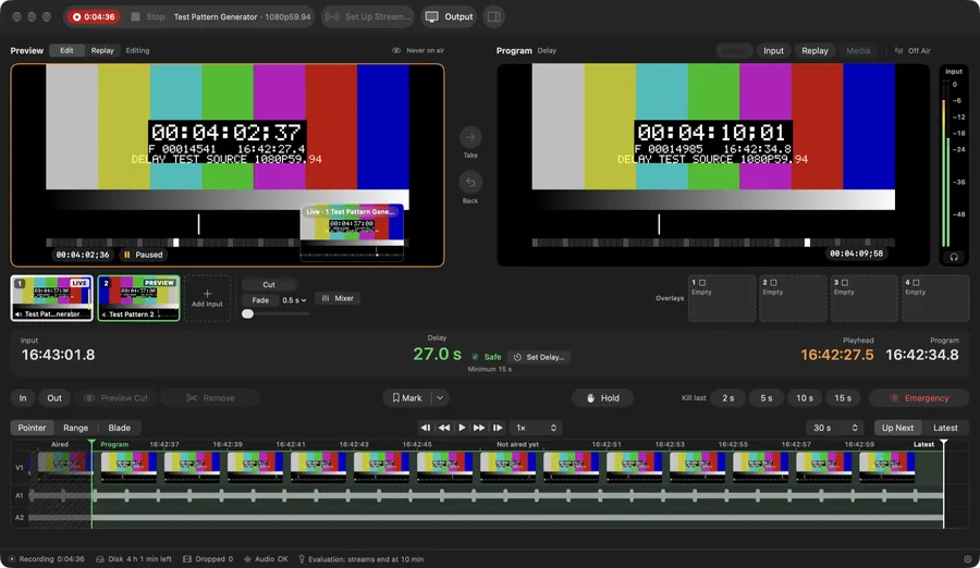 Hindsight Replay 0.3.5 after Program has played past the removed section. Program now runs 27.0 seconds behind the input, with recording still running.