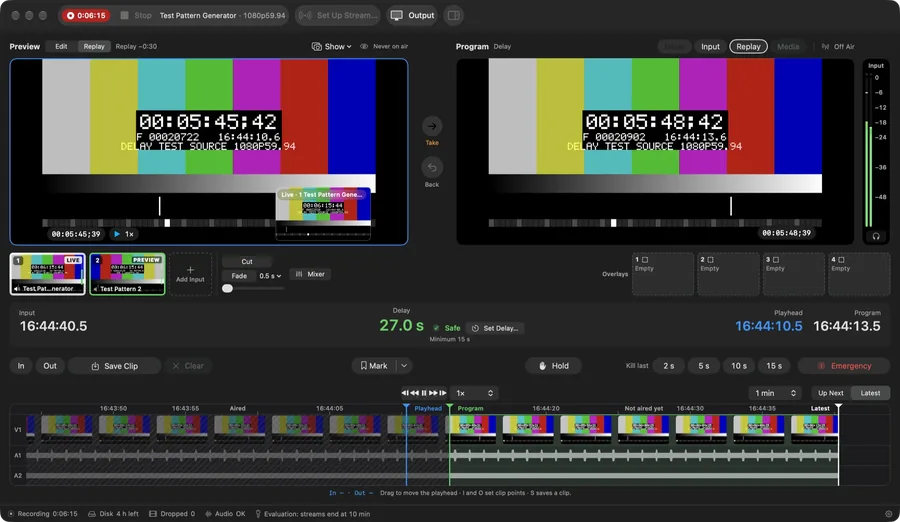 Hindsight Replay 0.3.5 in Replay mode. Preview replays a moment about 30 seconds back, with Take and Back between the monitors and Save Clip controls below, while recording continues.