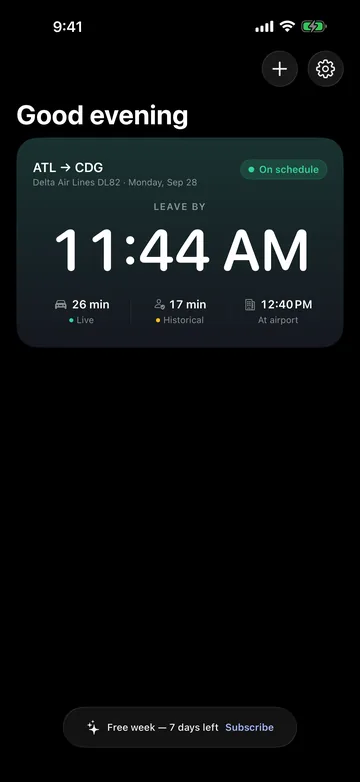 LeaveTime home screen with a Delta DL82 trip card from ATL to CDG for Monday, Sep 28. It reads LEAVE BY 11:44 AM, with a 26 min drive marked Live, 17 min security marked Historical, 12:40 PM at airport, and an On schedule pill. A Free week, 7 days left banner sits at the bottom.