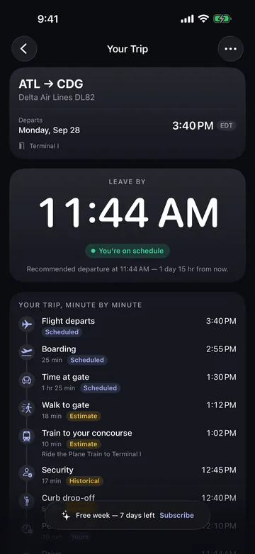 Your Trip screen for DL82, ATL to CDG, departing 3:40 PM. LEAVE BY 11:44 AM with You’re on schedule, then a minute-by-minute list: flight departs, boarding and time at gate marked Scheduled, walk to gate and the Plane Train to Terminal I marked Estimate, and security marked Historical.