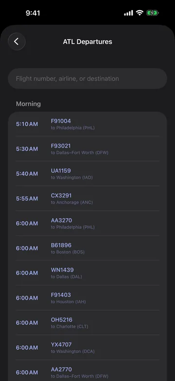 ATL Departures board with a search field for flight number, airline or destination, and a Morning list of departures such as F9 1004 to Philadelphia, UA 1159 to Washington and B6 1896 to Boston.