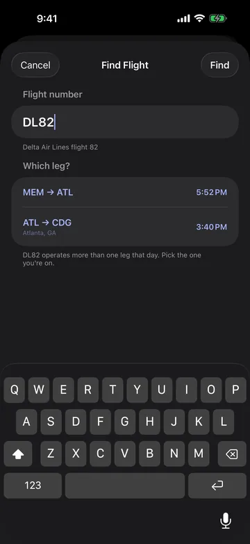 Find Flight sheet with DL82 entered and a Which leg? choice between MEM to ATL at 5:52 PM and ATL to CDG at 3:40 PM, with the keyboard open.
