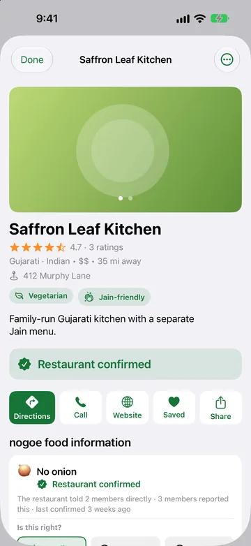 A sample restaurant page with a placeholder photo, tagged Gujarati and Indian, Vegetarian and Jain-friendly, with a Restaurant confirmed banner, Directions, Call, Website, Saved and Share buttons, and No onion marked Restaurant confirmed.