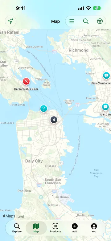 Map tab showing an Apple Maps view of the San Francisco Bay with status-coloured pins for sample places and a cluster count.