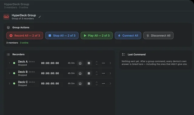HyperDeck Group panel with Record All, Stop All and Play All buttons, Connect All and Disconnect All, three demo recorders named Deck A, Deck B and Deck C, all stopped at 00:00:00:00, and an empty Last Command card where each device’s answer is listed after a group command.